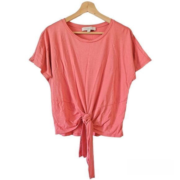 2/$20 LOFT Drop Shoulder Short Sleeve Crew Neck Tie Front Top Shirt Coral Size M - Picture 1 of 9